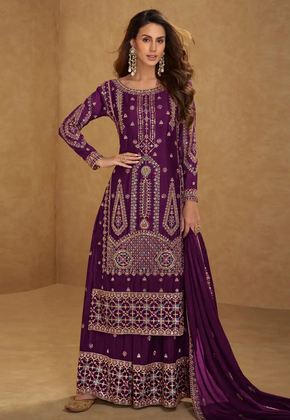 Purple Chinon Embroidered Palazzo Suit 326274