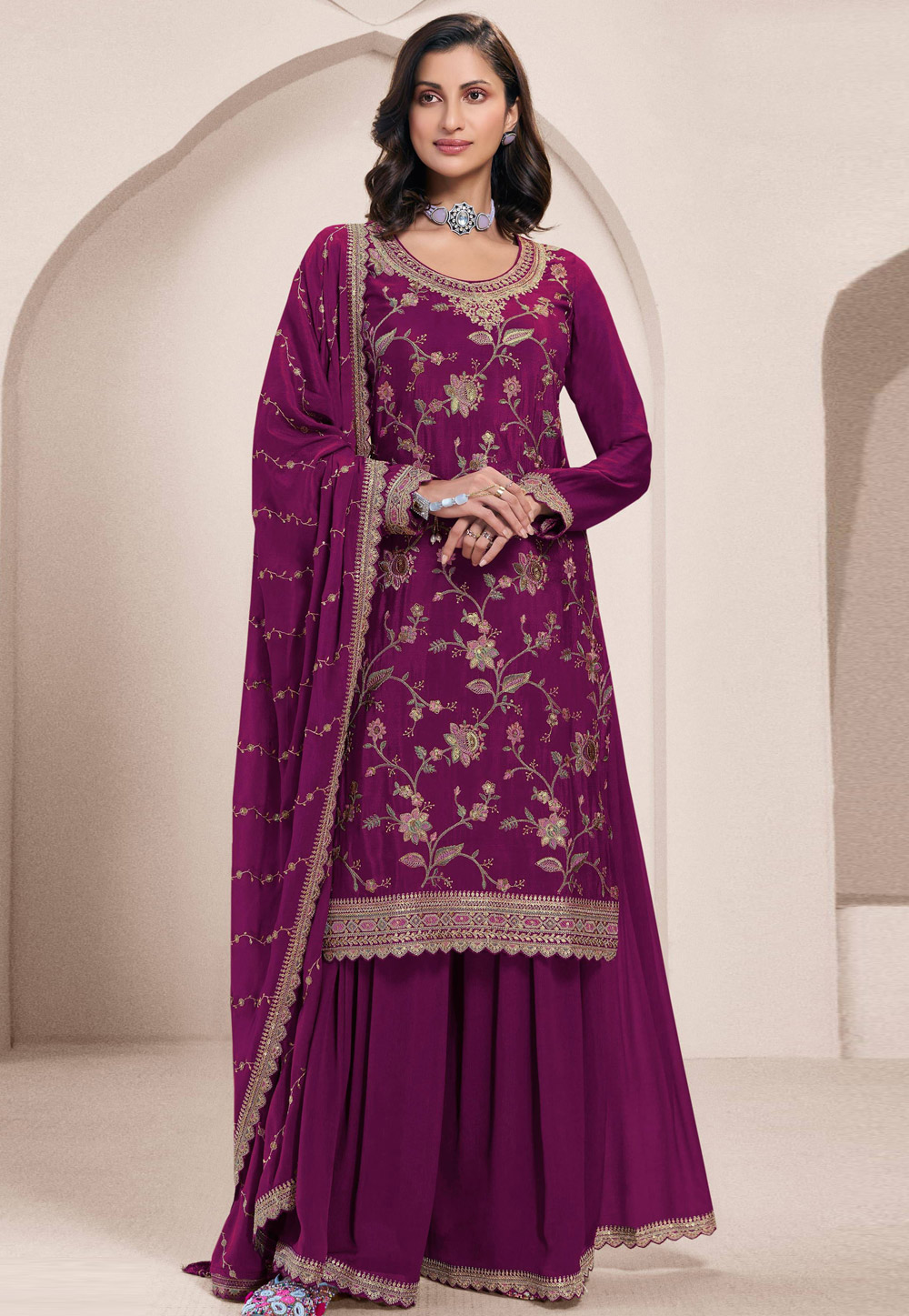 Purple Chinon Gharara Suit 308827