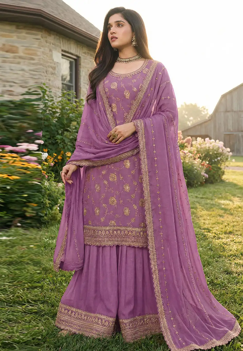 Purple Chinon Jacquard Palazzo Suit 325565