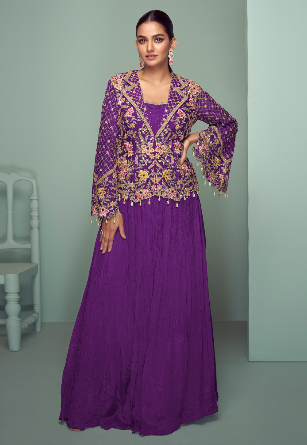 Purple Chinon Long Choli Lehenga 321575