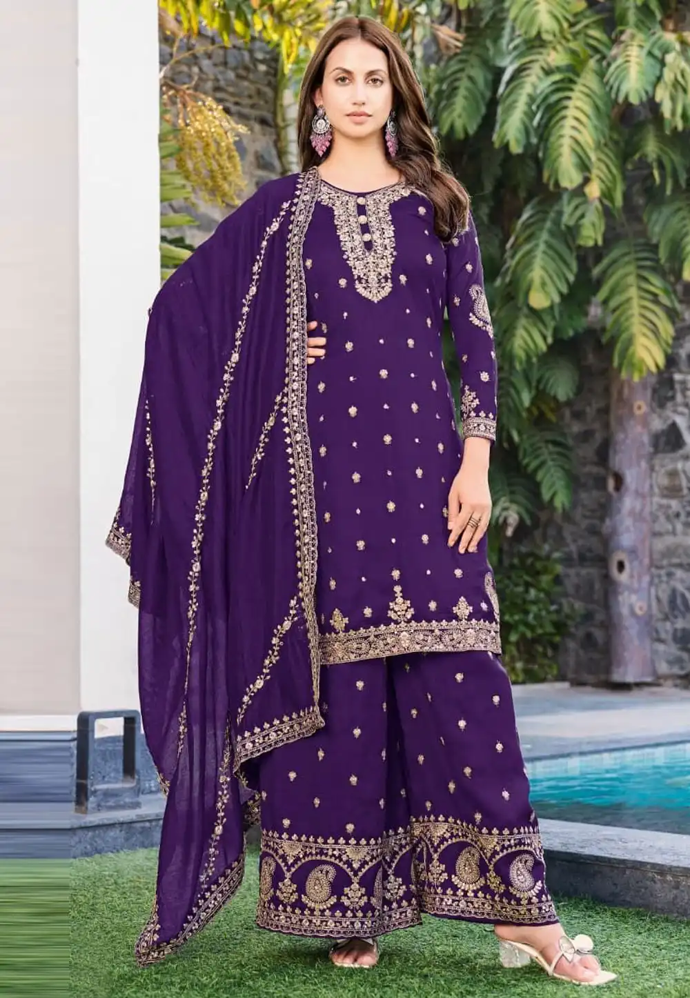 Purple Chinon Pakistani Suit 327523