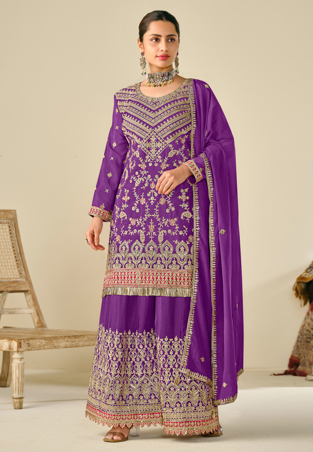 Purple Chinon Palazzo Suit 307550