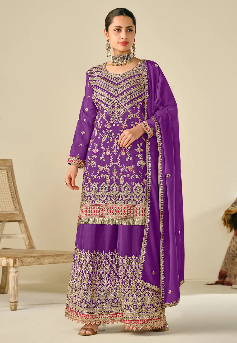 Purple Chinon Palazzo Suit 307550