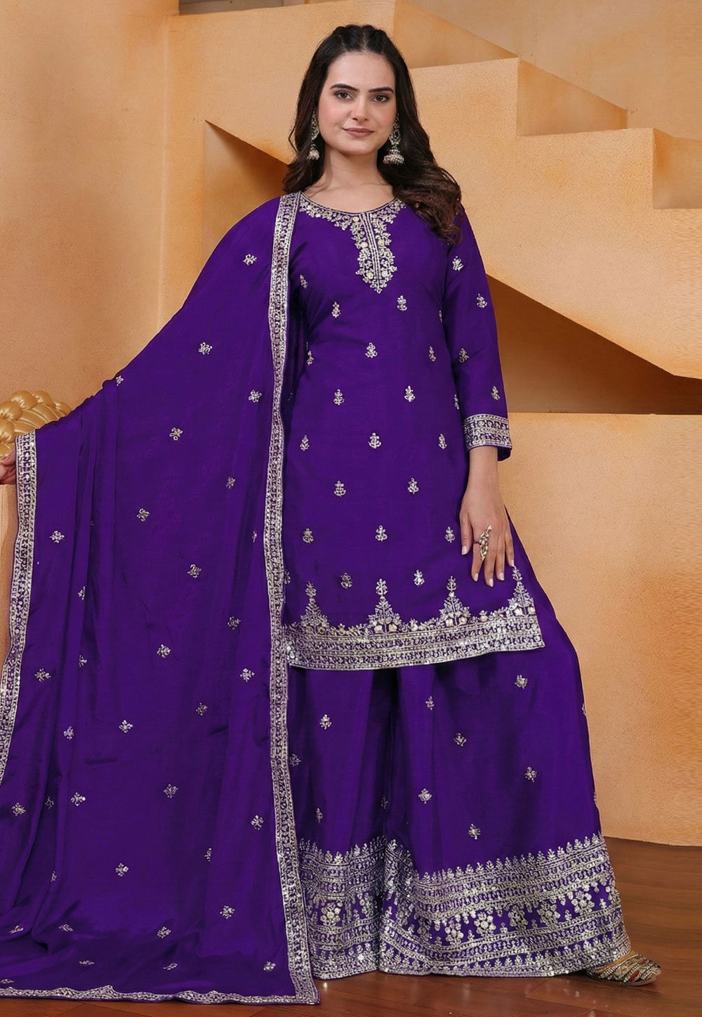 Purple Chinon Readymade Gharara Suit 322785