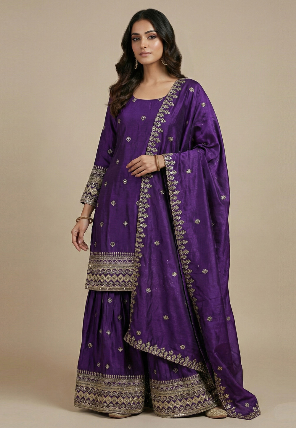 Purple Chinon Readymade Gharara Suit 323794
