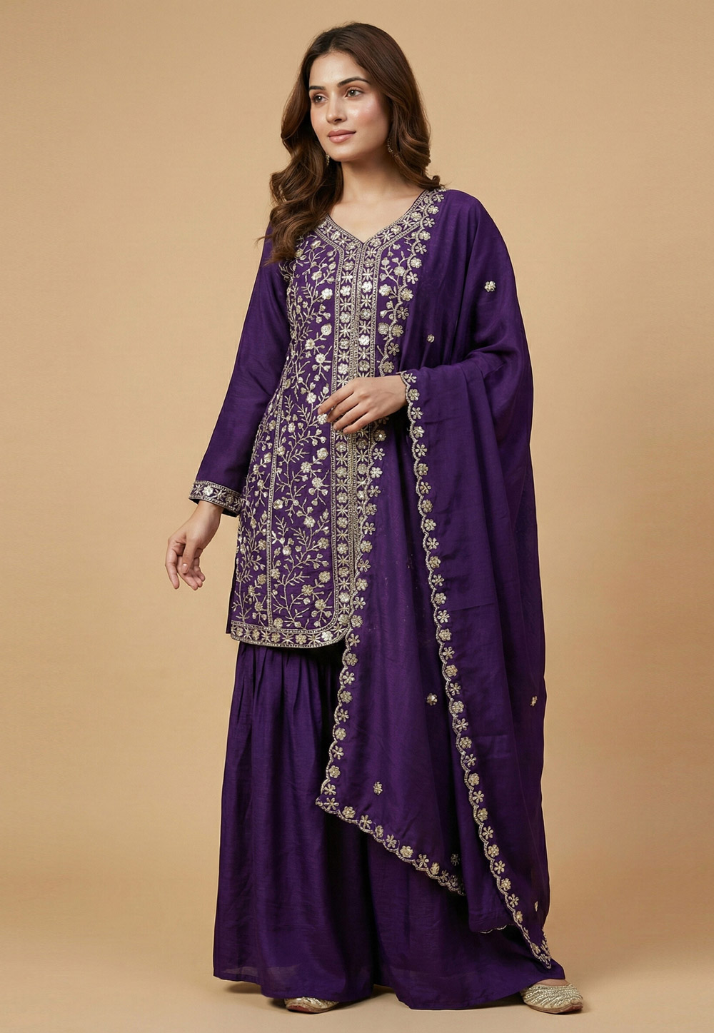 Purple Chinon Readymade Gharara Suit 323804