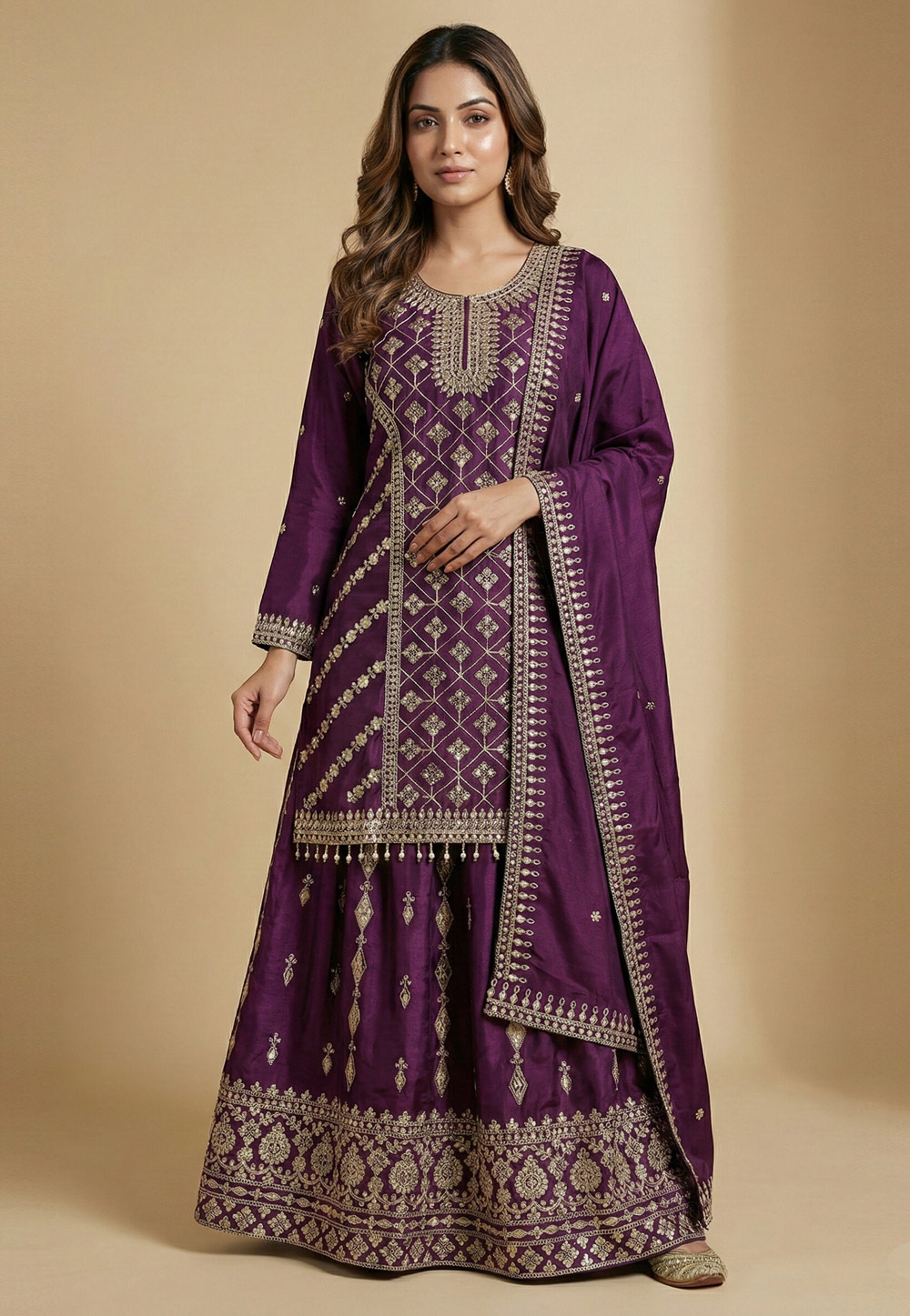 Purple Chinon Readymade Long Choli Lehenga 323690