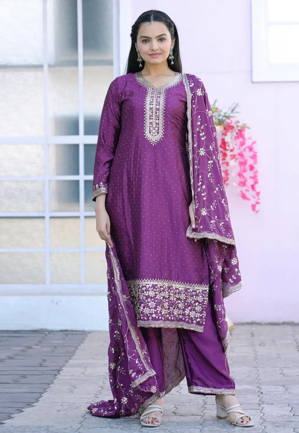 Purple Chinon Readymade Pakistani Suit 309955