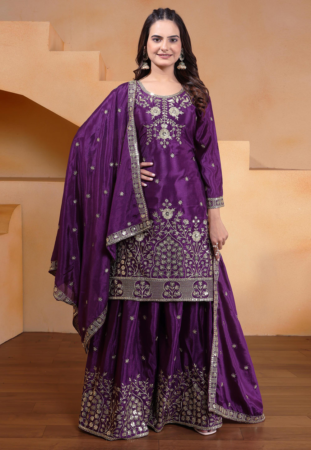 Purple Chinon Readymade Pakistani Suit 318413