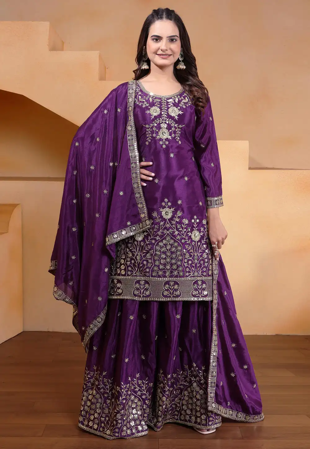 Purple Chinon Readymade Pakistani Suit 318413