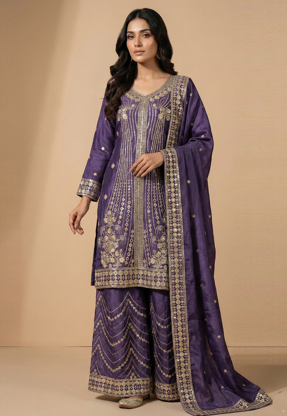 Purple Chinon Readymade Pakistani Suit 323854