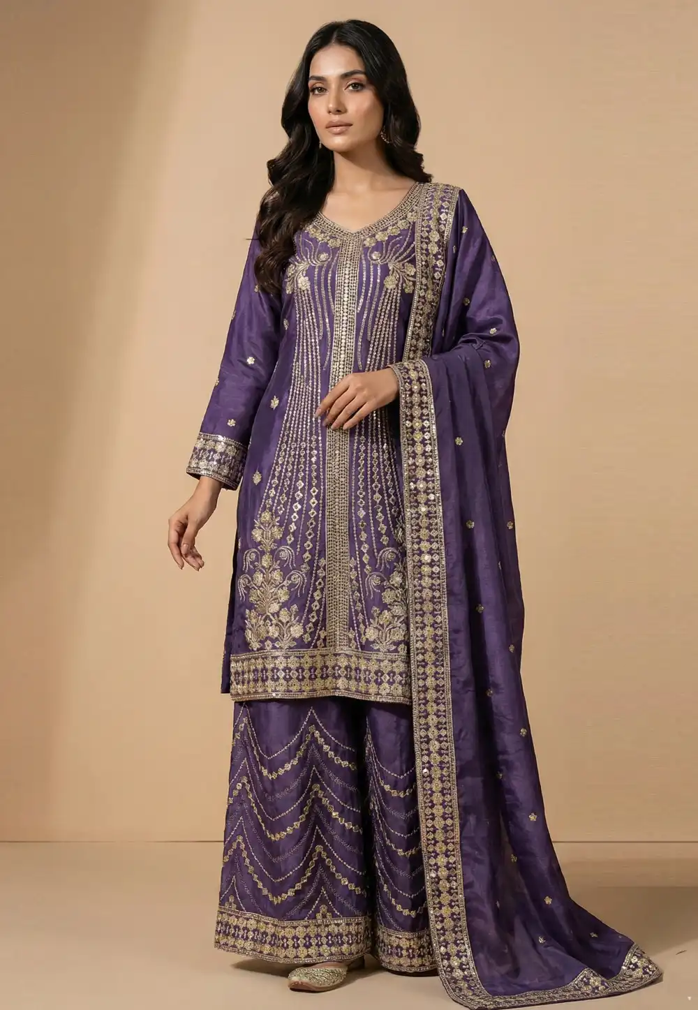 Purple Chinon Readymade Pakistani Suit 323854