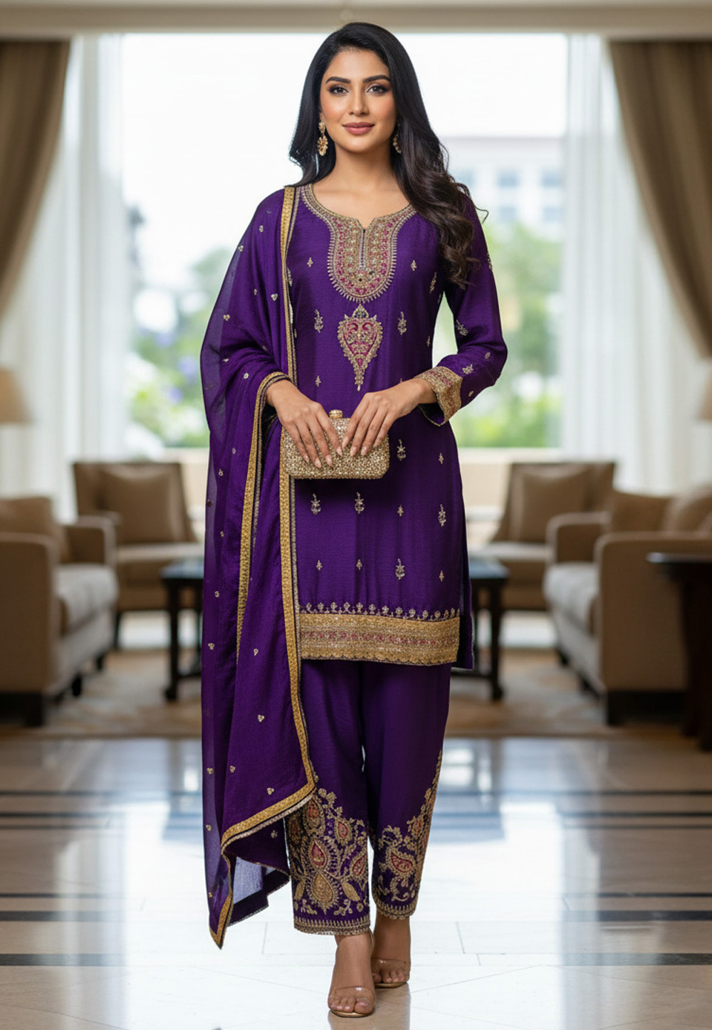Purple Chinon Readymade Pakistani Suit 330408