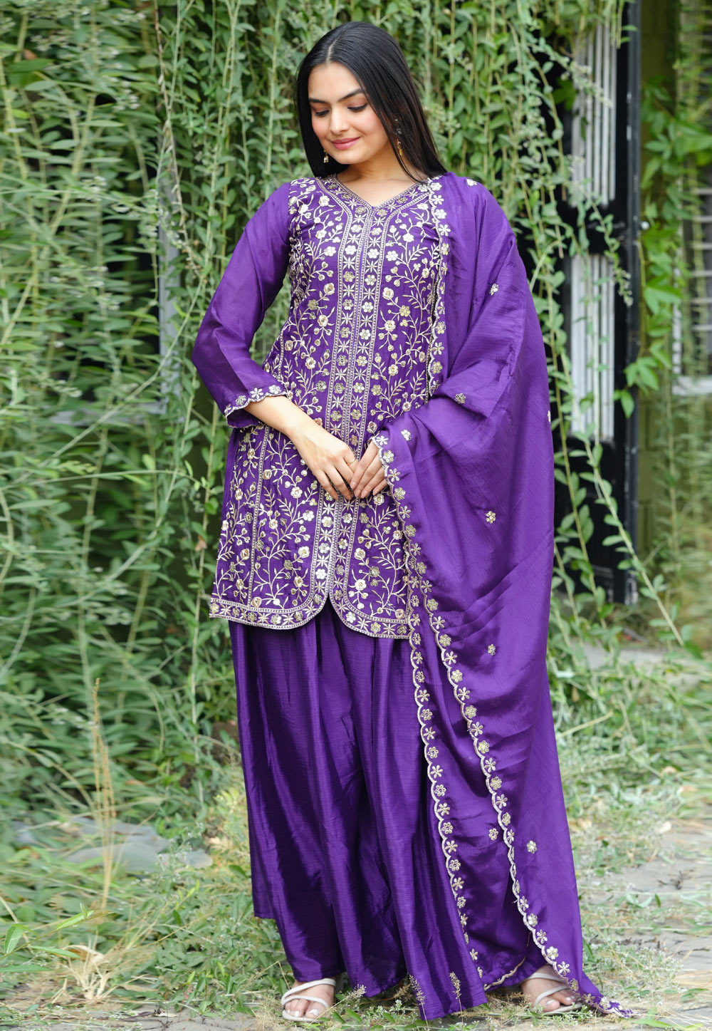 Purple Chinon Readymade Palazzo Suit 308541