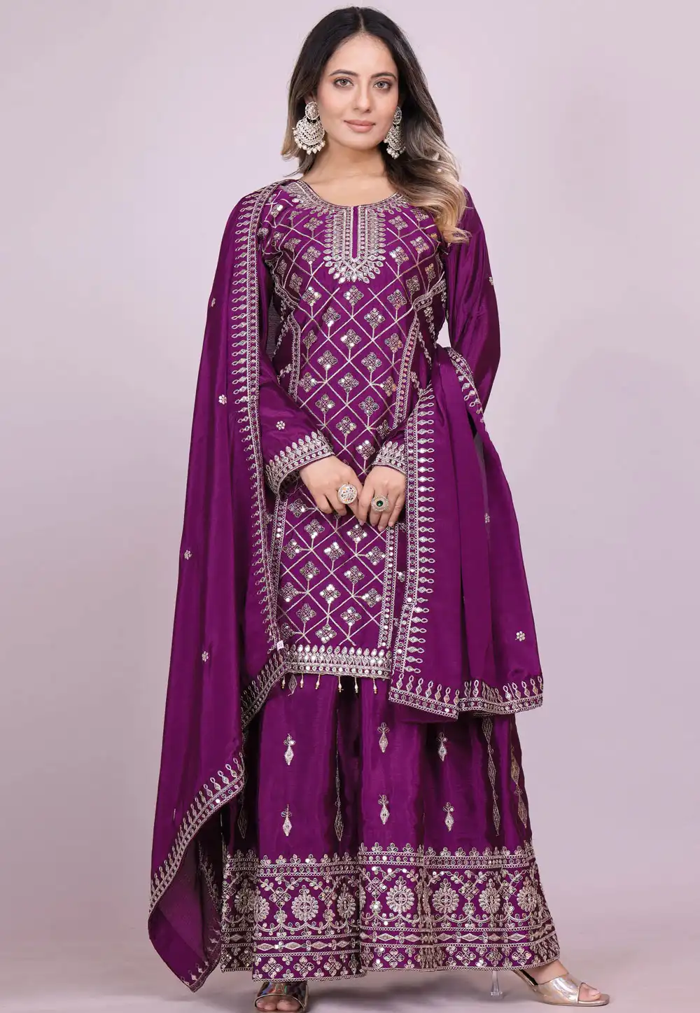 Purple Chinon Readymade Palazzo Suit 311173