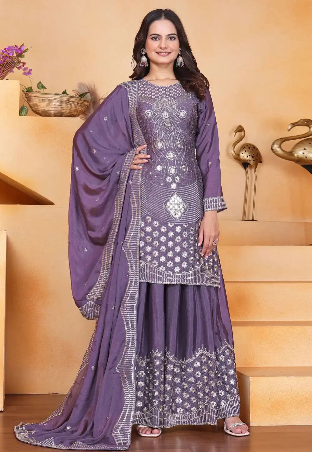 Purple Chinon Readymade Palazzo Suit 318004