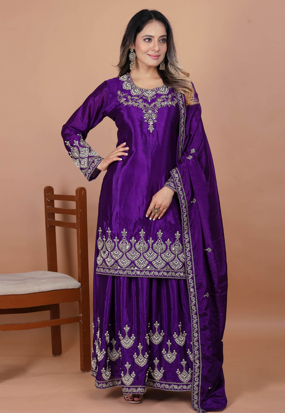 Purple Chinon Readymade Palazzo Suit 318412