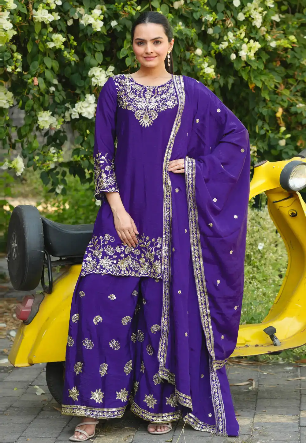 Purple Chinon Readymade Palazzo Suit 323628