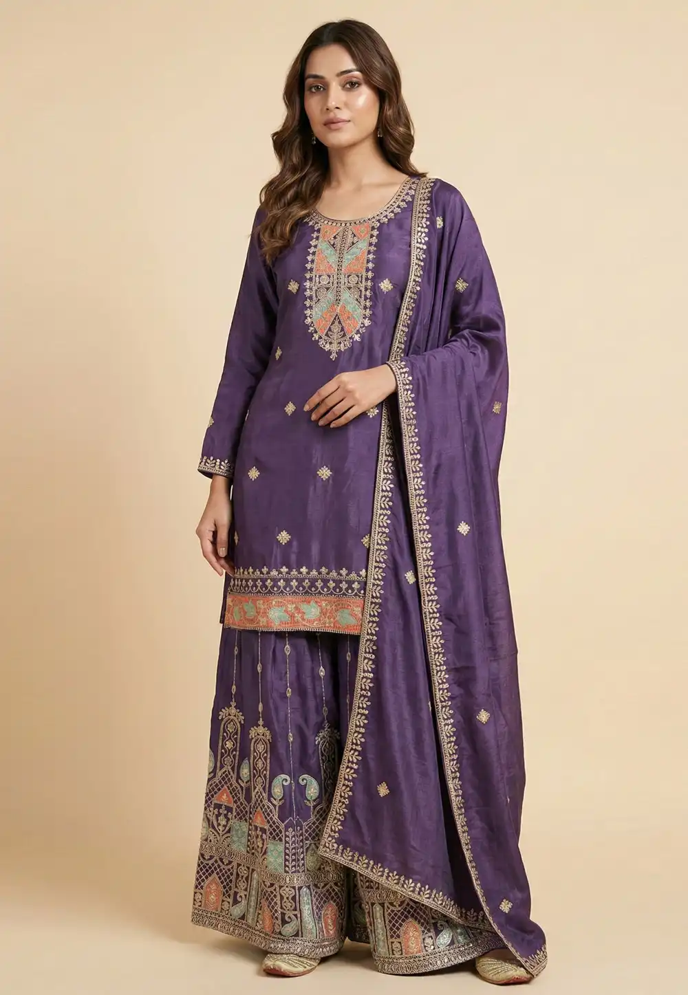 Purple Chinon Readymade Palazzo Suit 323802