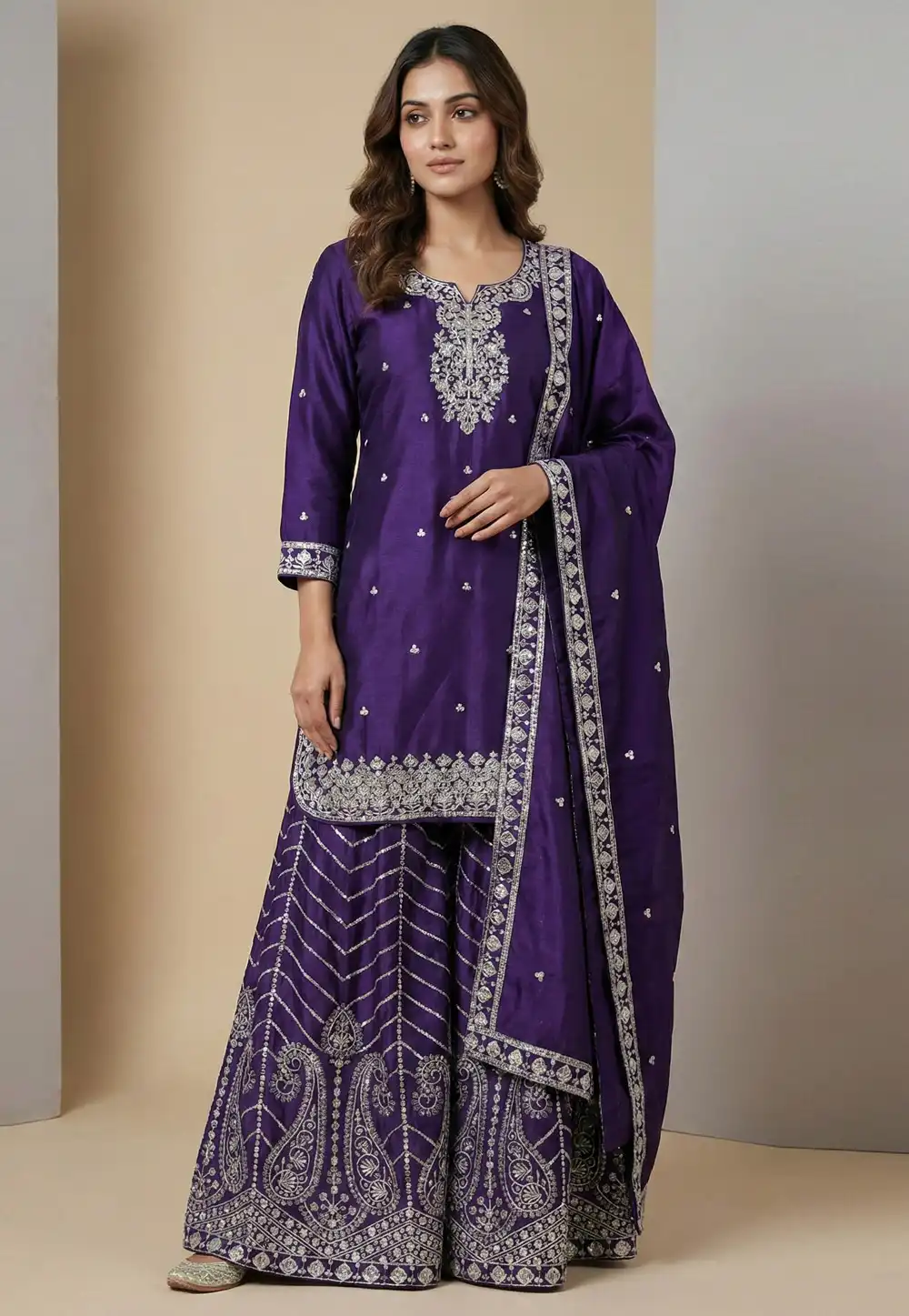 Purple Chinon Readymade Palazzo Suit 323828