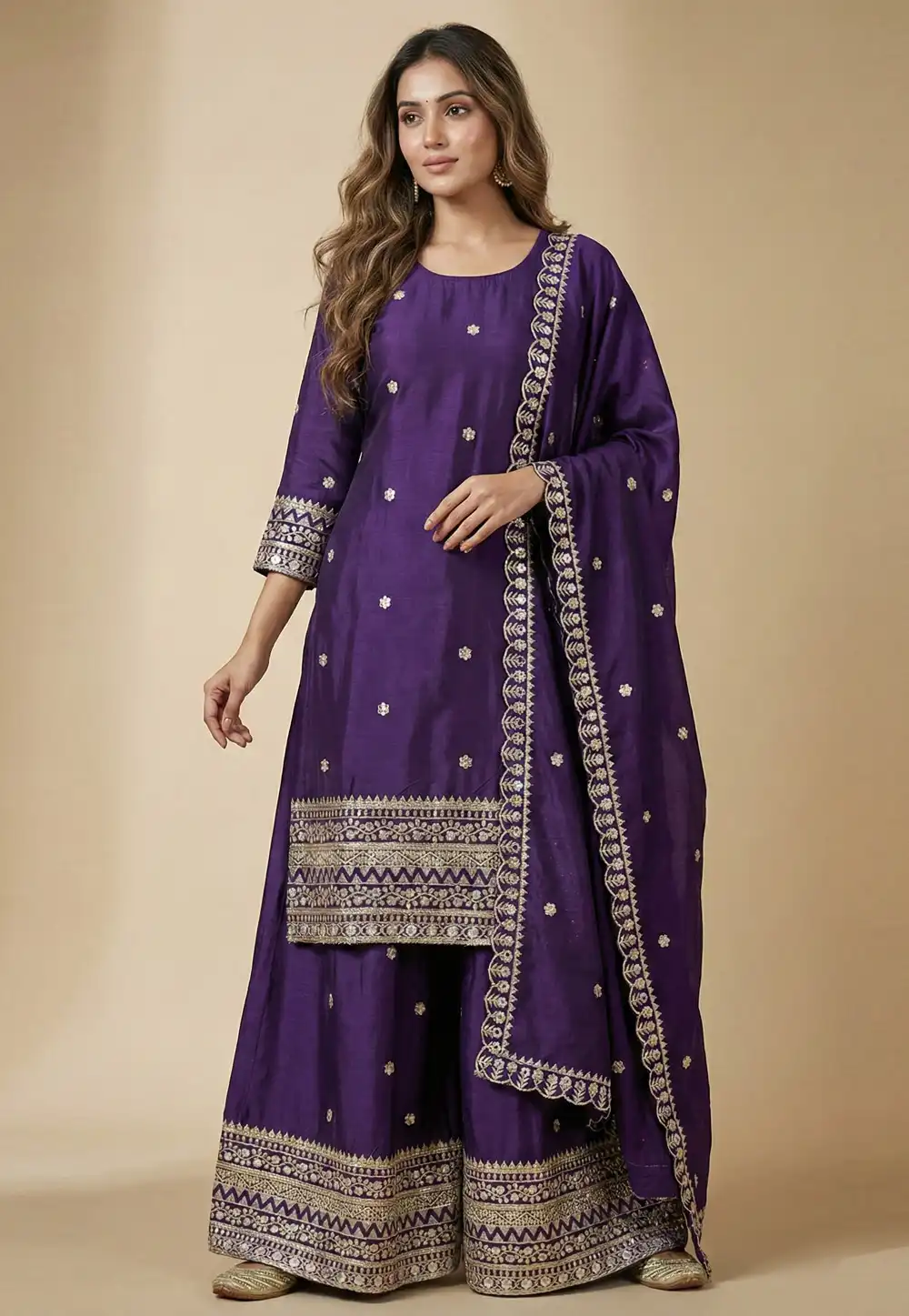 Purple Chinon Readymade Palazzo Suit 323831