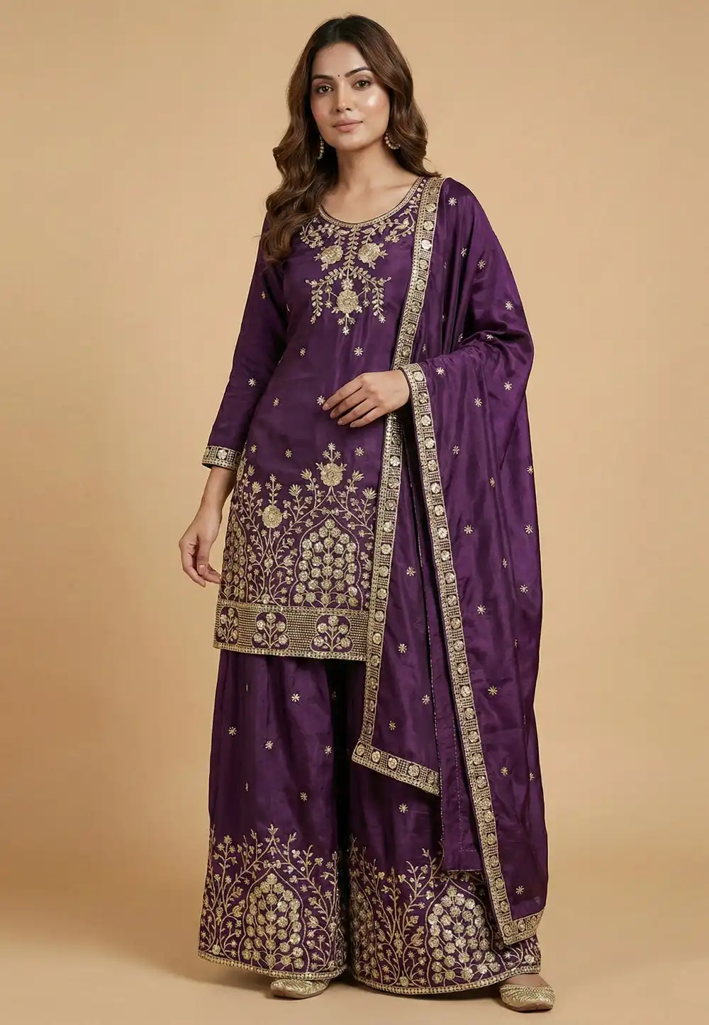 Purple Chinon Readymade Palazzo Suit 323844