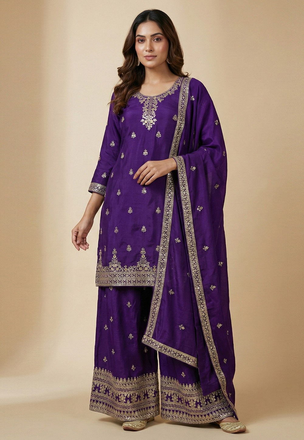 Purple Chinon Readymade Palazzo Suit 323856