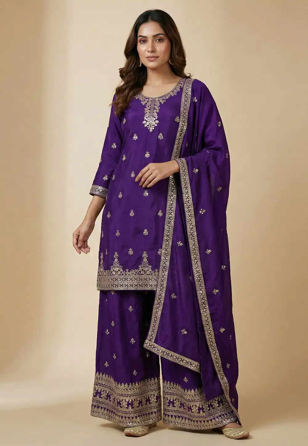 Purple Chinon Readymade Palazzo Suit 323856
