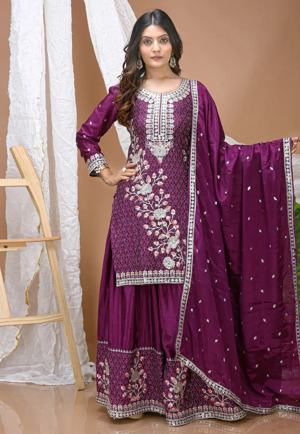 Purple Chinon Readymade Palazzo Suit 326415