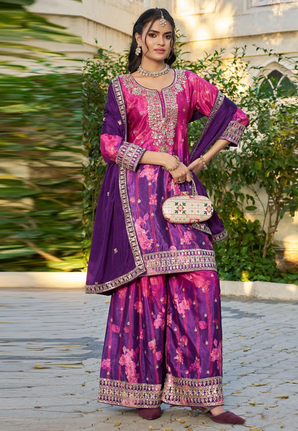 Purple Chinon Readymade Palazzo Suit 328684