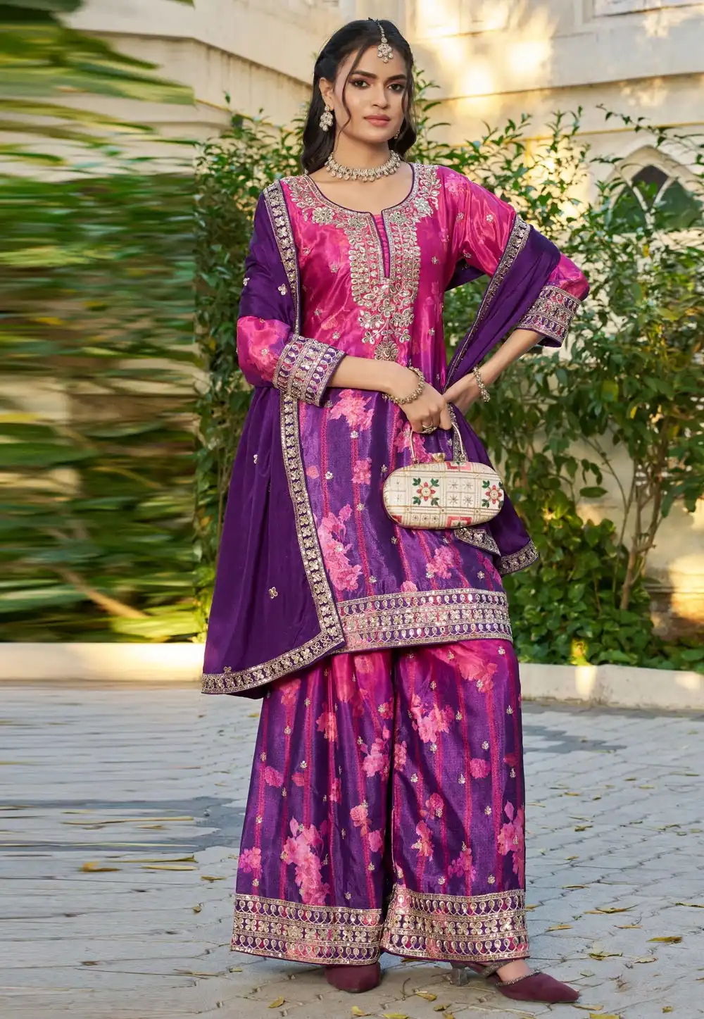 Purple Chinon Readymade Palazzo Suit 328684