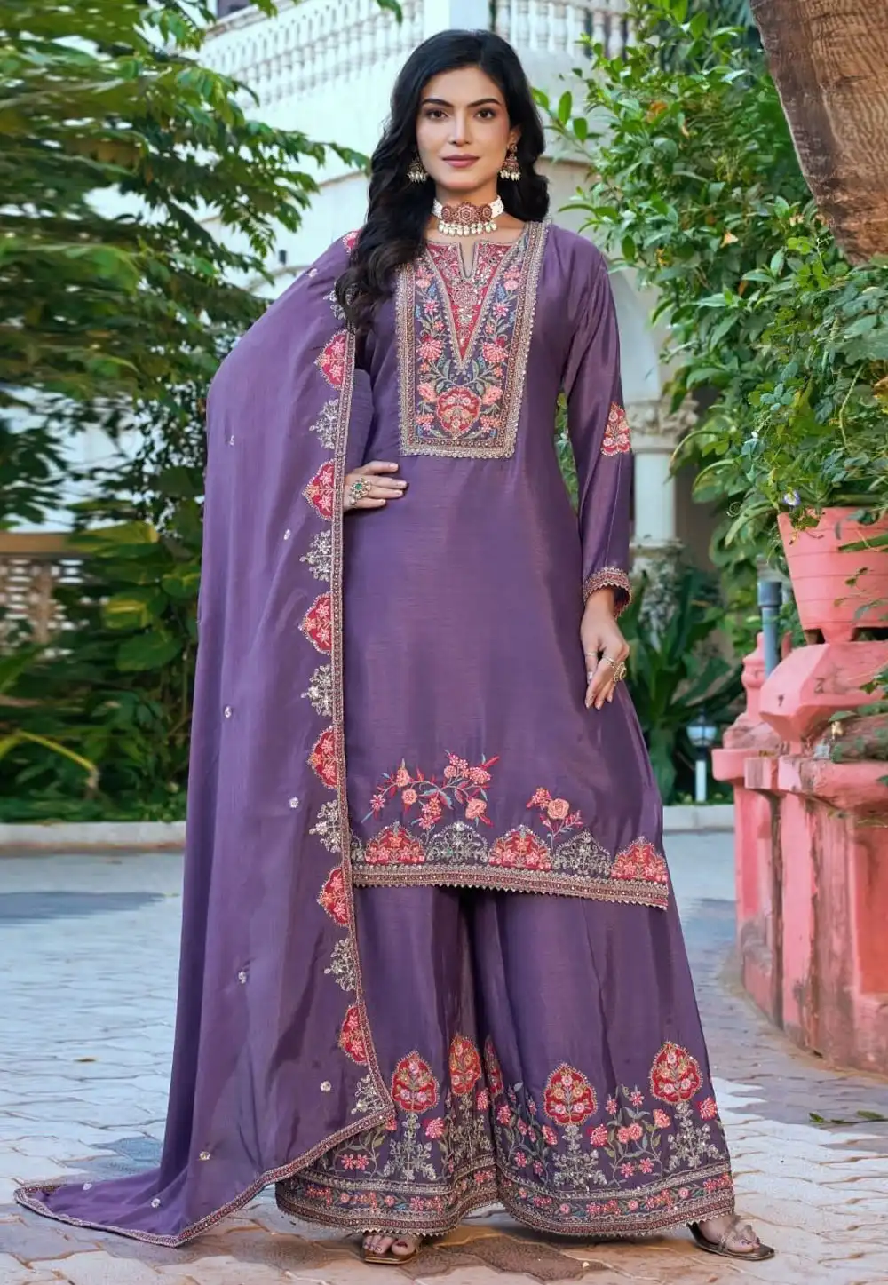 Purple Chinon Readymade Palazzo Suit 328312