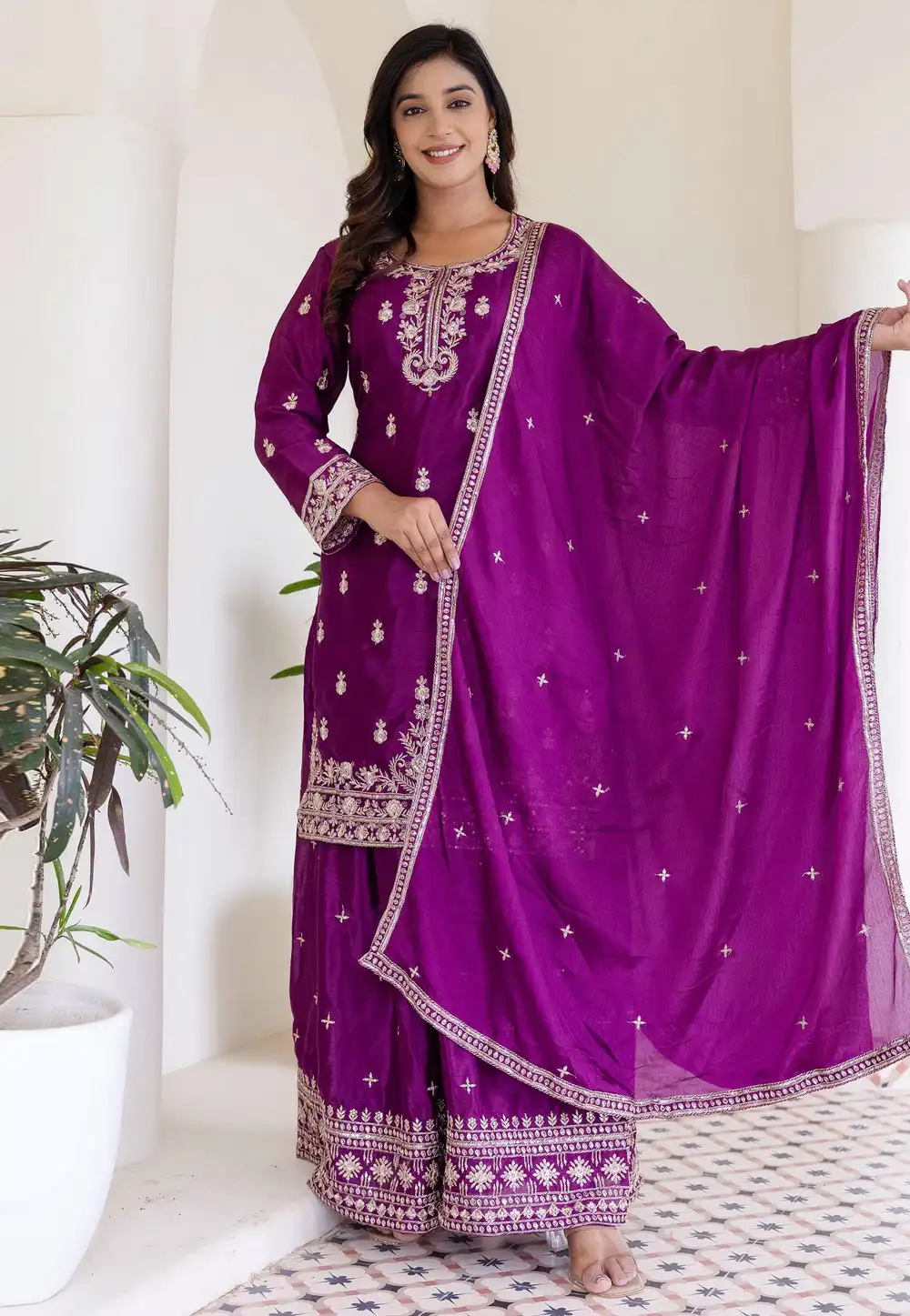 Purple Chinon Readymade Palazzo Suit 315854