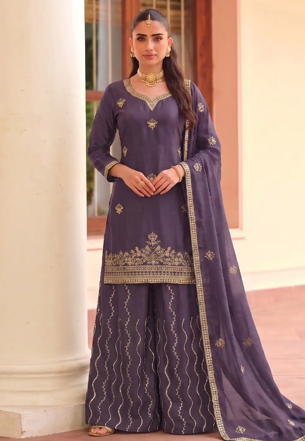 Purple Chinon Readymade Palazzo Suit 329774
