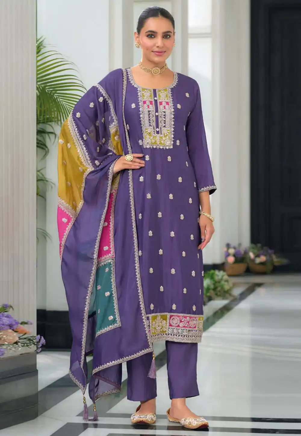 Purple Chinon Readymade Pant Style Suit 318274