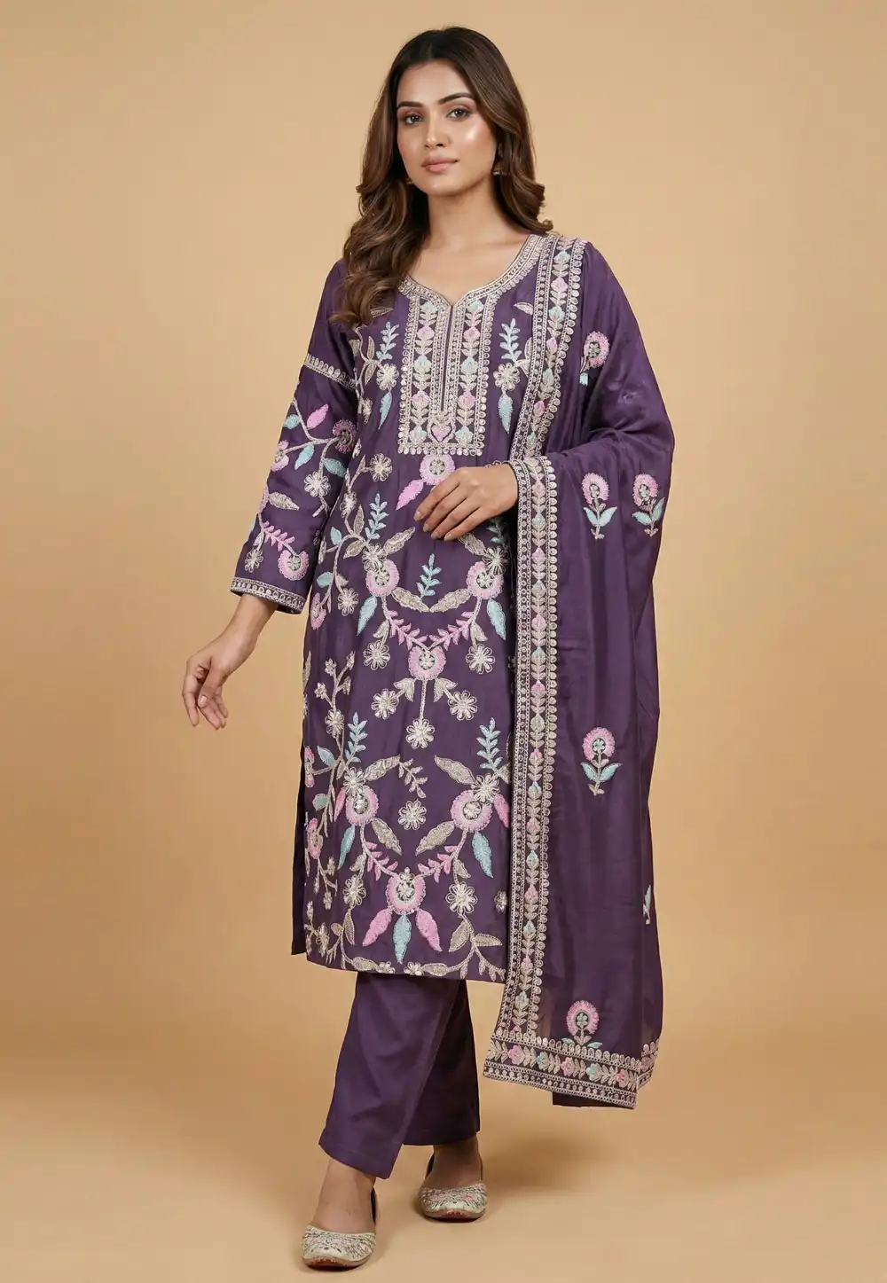 Purple Chinon Readymade Pant Style Suit 323887