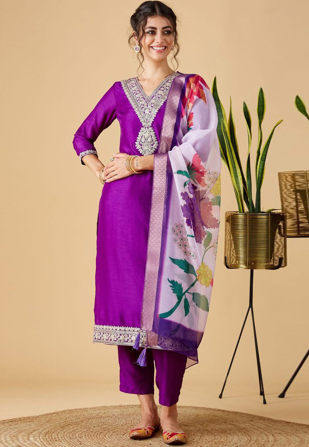 Purple Chinon Readymade Pant Style Suit 308792