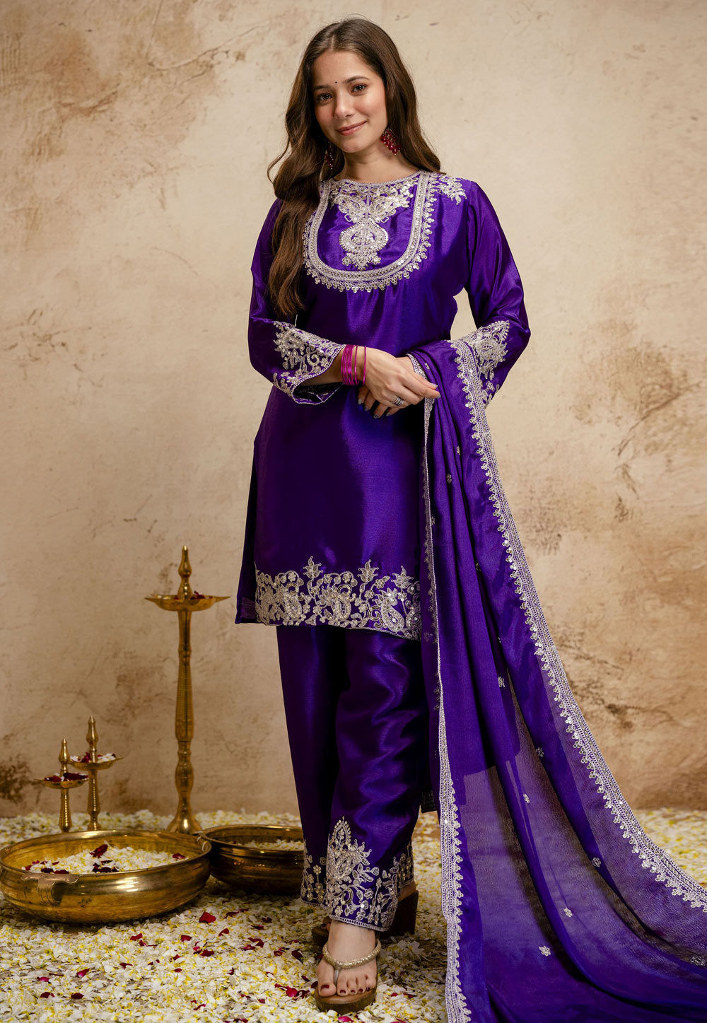 Purple Chinon Readymade Pant Style Suit 328809
