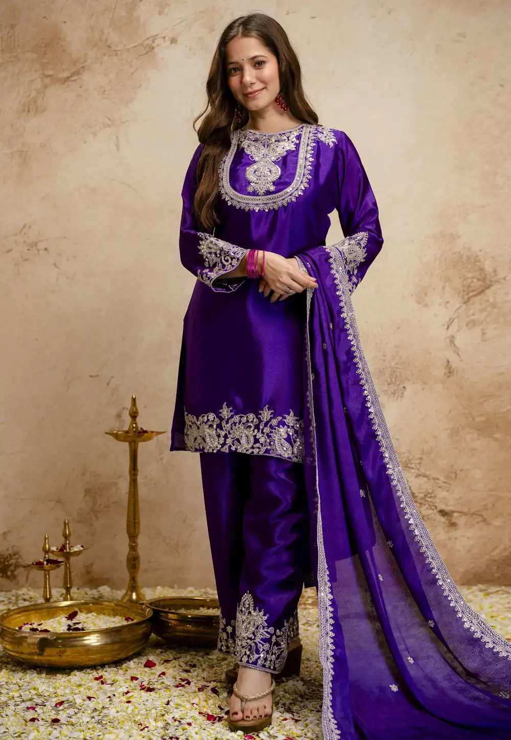 Purple Chinon Readymade Pant Style Suit 328809