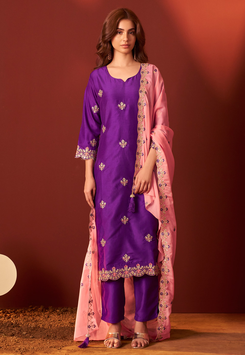 Purple Chinon Readymade Pant Style Suit 321870