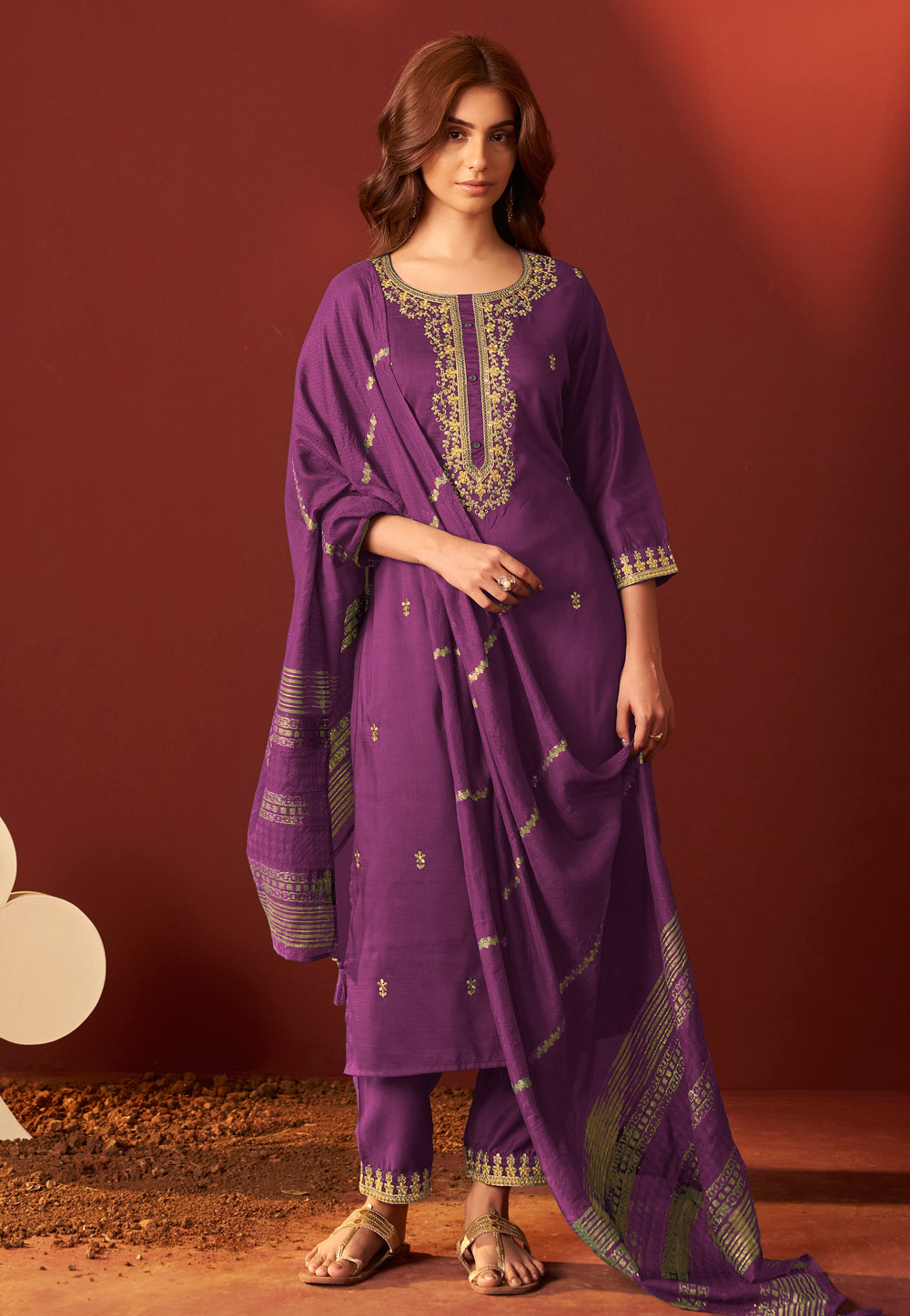Purple Chinon Readymade Pant Style Suit 321815
