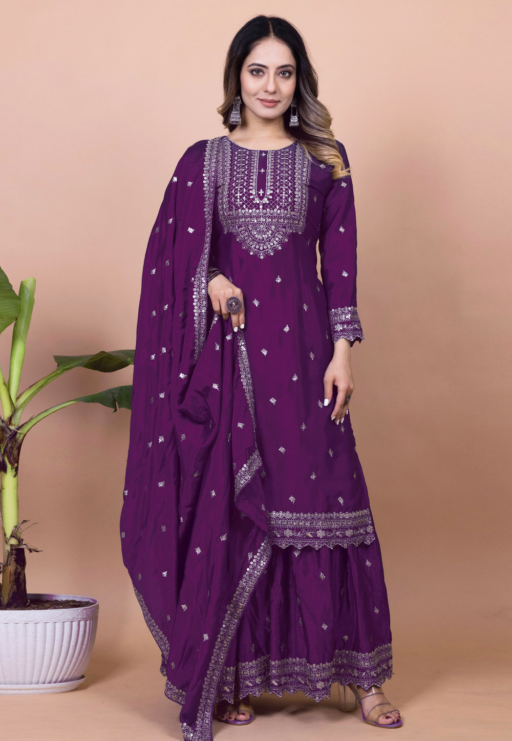 Purple Chinon Readymade Sharara Suit 310978