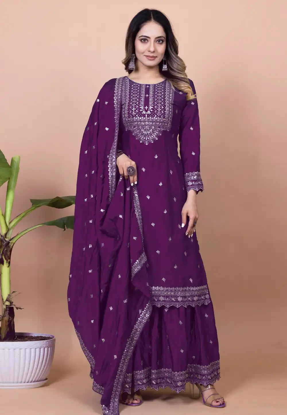 Purple Chinon Readymade Sharara Suit 310978