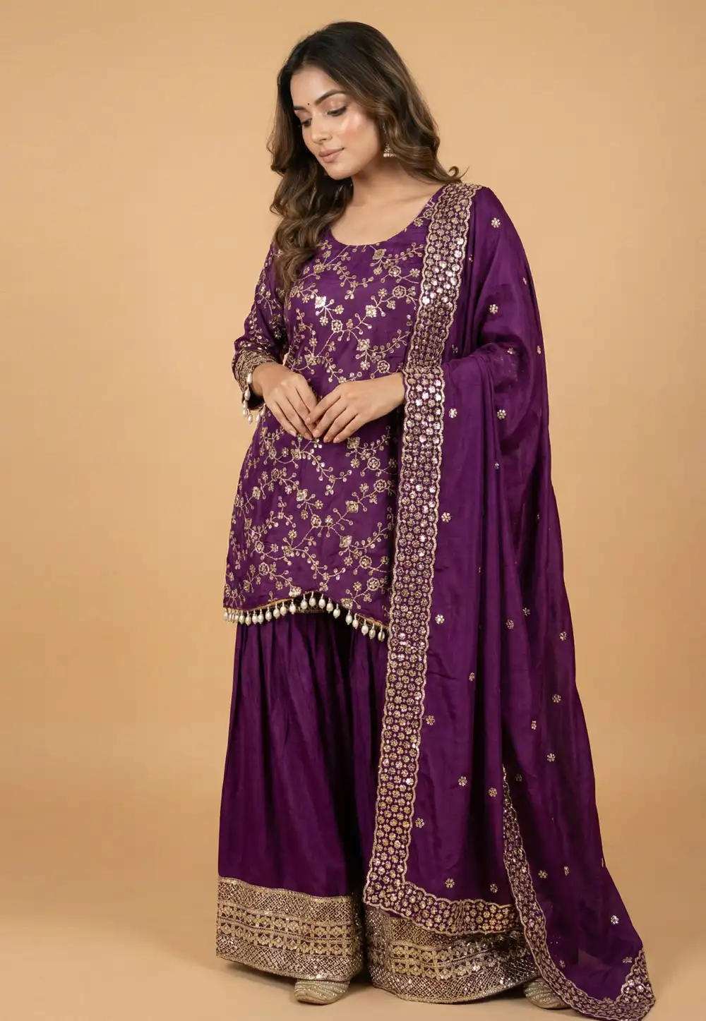 Purple Chinon Readymade Sharara Suit 323808