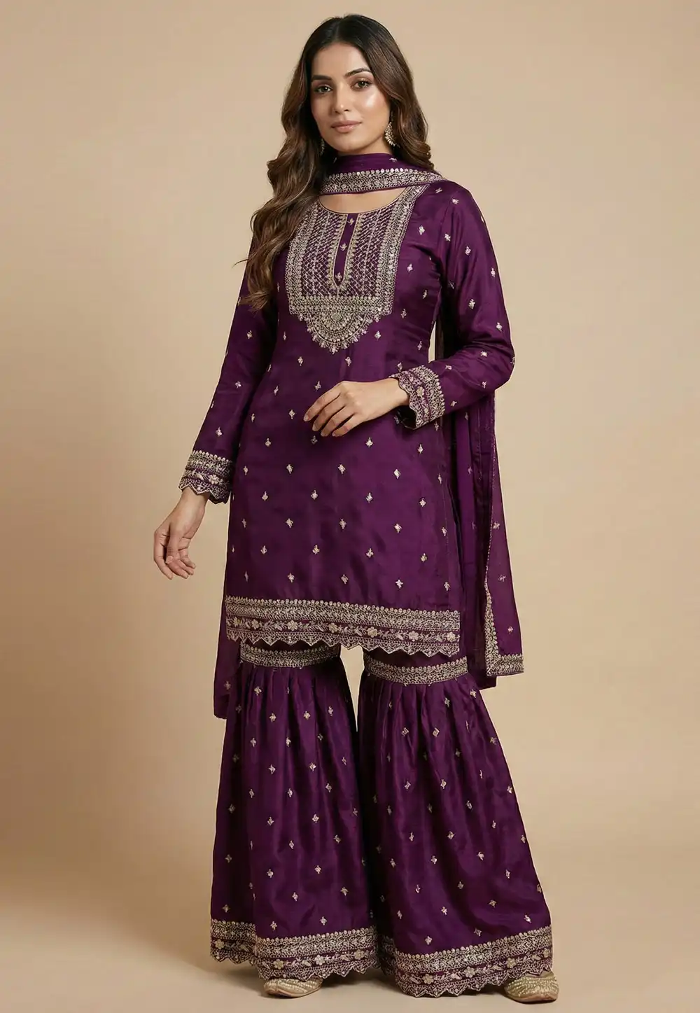 Purple Chinon Readymade Sharara Suit 323816
