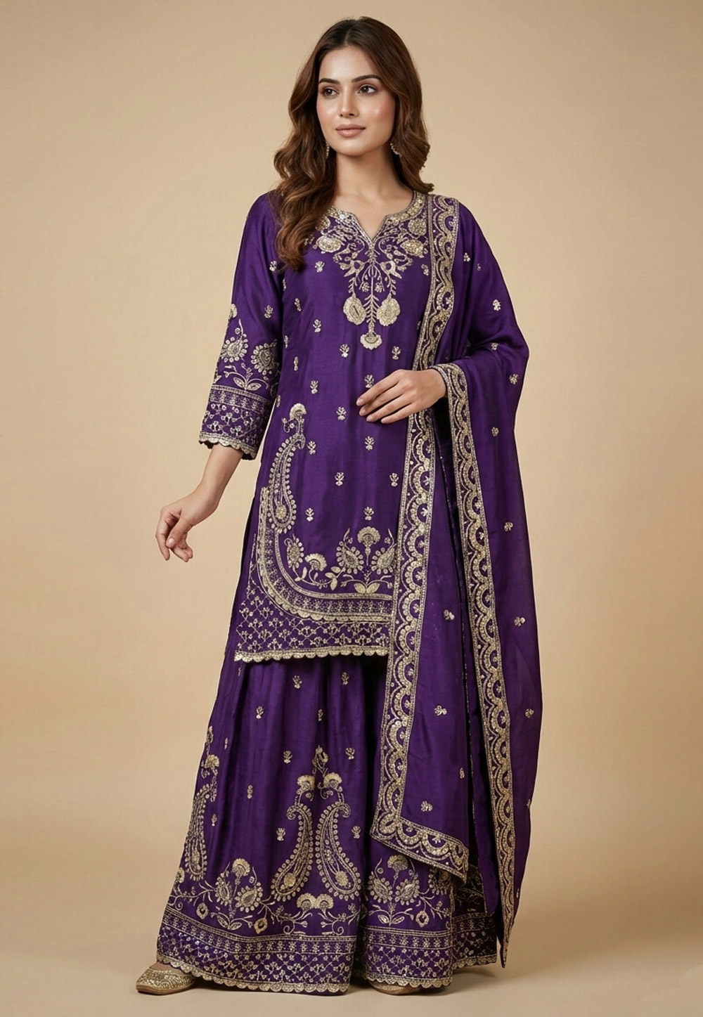 Purple Chinon Readymade Sharara Suit 323827
