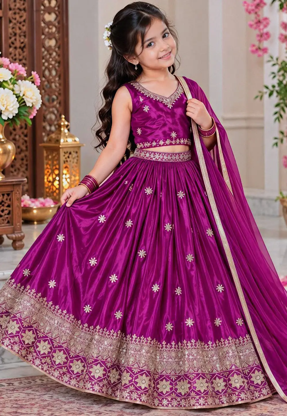 Purple Chinon Silk Girls Lehenga Choli 336484