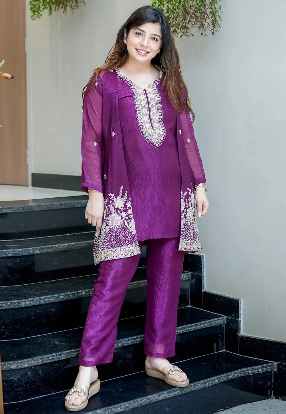 Purple Chinon Silk Kurta Set With Pant 331460