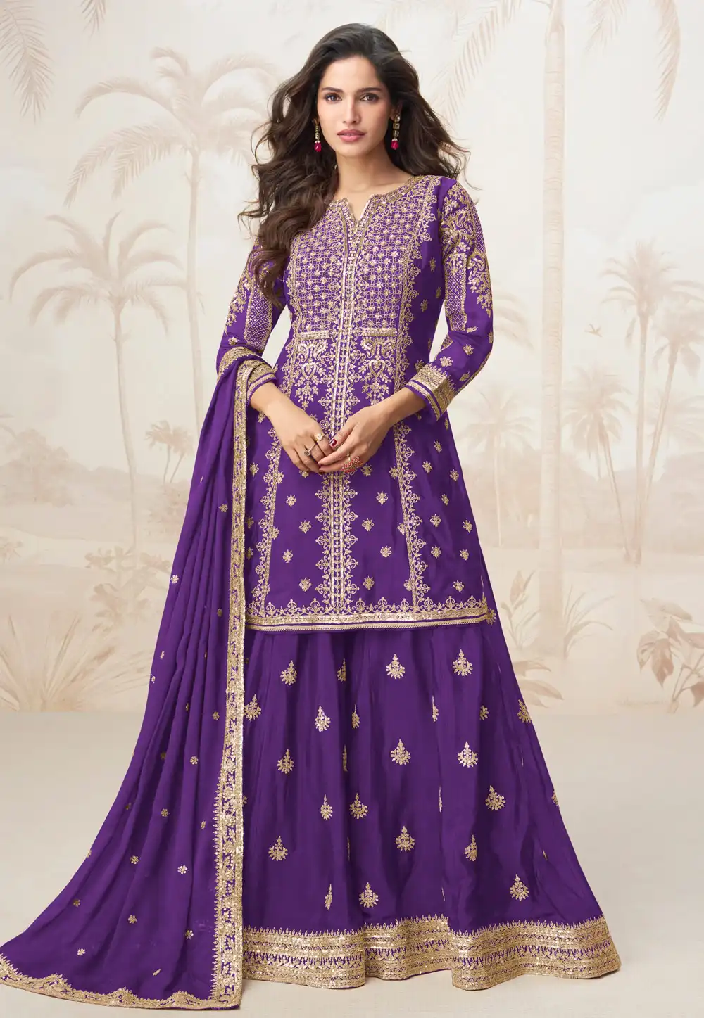 Purple Chinon Silk Palazzo Suit 313476