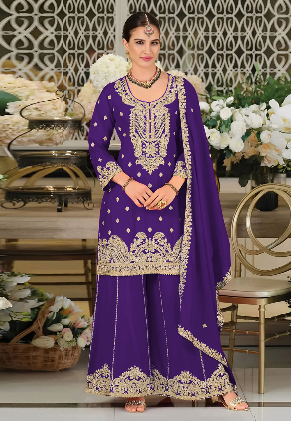 Purple Chinon Silk Pakistani Suit 330383
